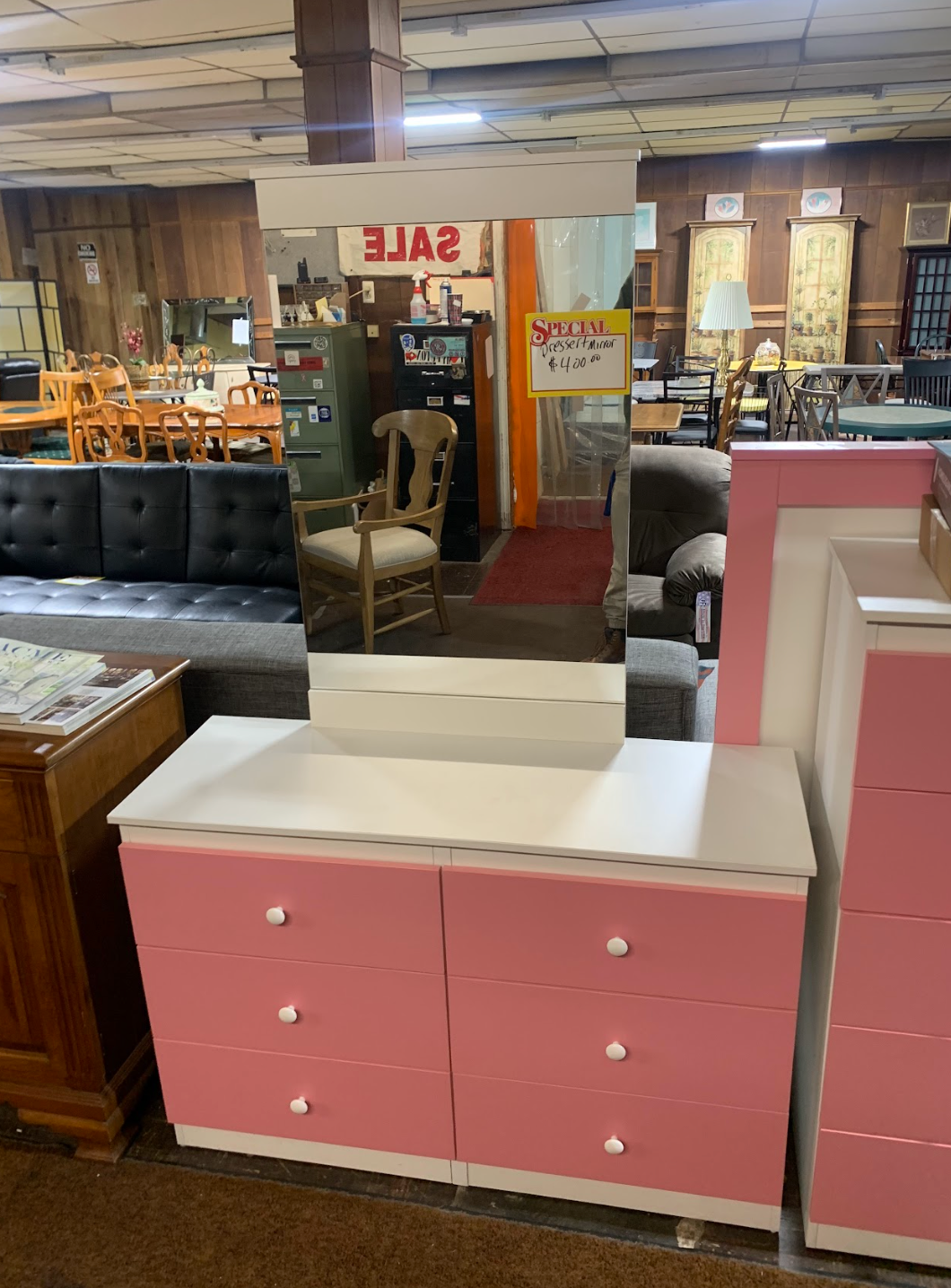 Pink and White Dresser with Mirror by Kith